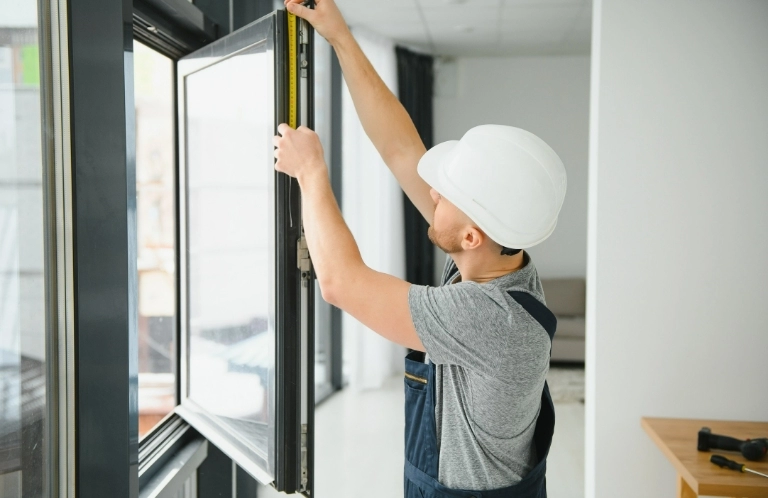 Mężczyzna mierzący okno